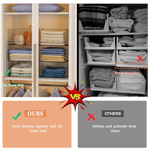 6-Tier Stackable Closet Organizer Bins - Foldable Clothes Storage Shelf, Black