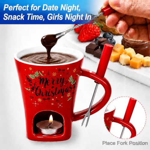 Umcnoi Red Chocolate Fondue Mug Set - Ceramic Fondue Cup, Tea Light Warmer