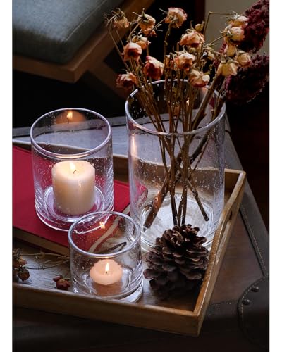 Glass Candle Holders Set 3 Pieces - Clear Bubbles Cylinder - Bubbles Clear Variation