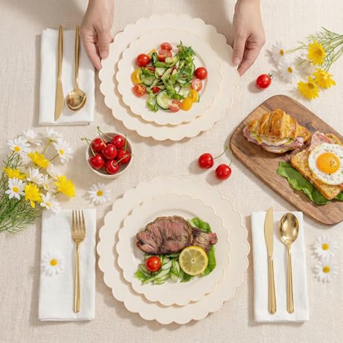 100pcs Ivory Plastic Plates - Fancy Scalloped Dinner & Dessert Plates for Party