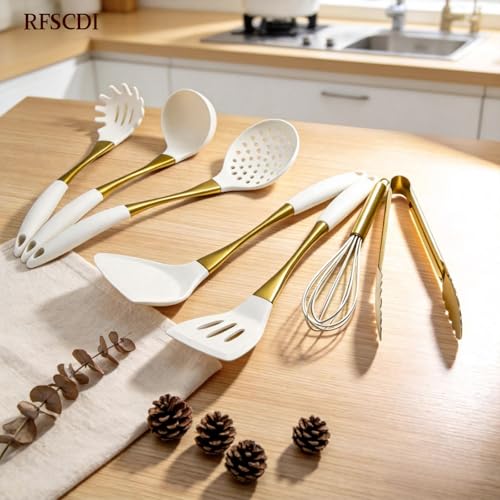 White Gold Silicone Cooking Utensils Set - Non-Toxic, Dishwasher Safe Kitchen Tools with Heat-Resistant Handles - Includes Spatula & Spoon (Variation: White Gold)