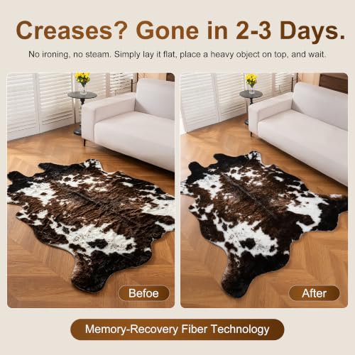 Faux Cowhide Rug, Cow Print Rug for Bedroom 4.6x5.2 Feet Black and