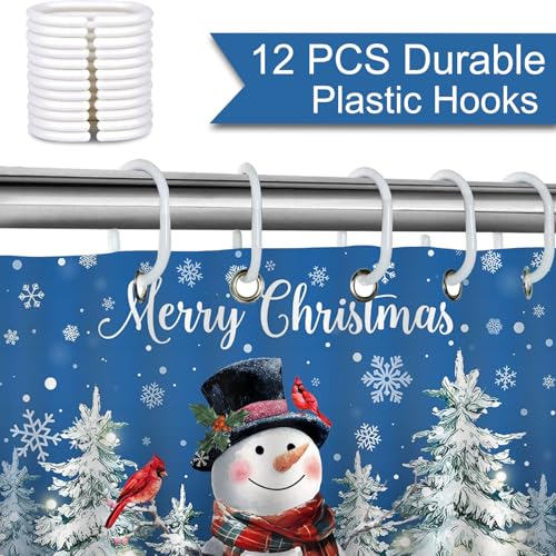 Mocsicka Blue Christmas Snowman Shower Curtain 72x72 Inches Waterproof Fabric Holiday Decor with 12 Hooks