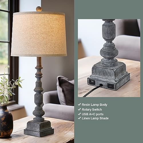 Oneach Farmhouse Table Lamps Set of 2 - Gray with USB Ports for Living Room