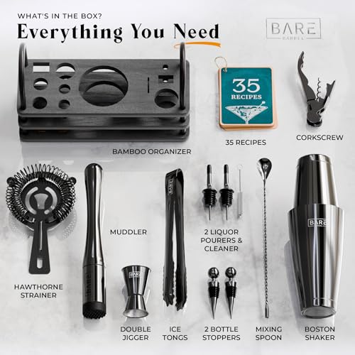 Mixology Bartender Kit with 28oz Boston Shaker - Jet Black Bar Set with 35 Recipes