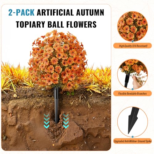 Autumn Orange Artificial Fall Flowers 20-Inch Ground Stakes - 2 Pack