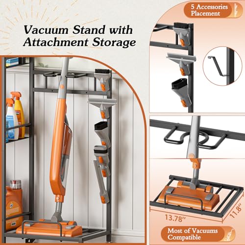 Olakee Black 3-in-1 Broom Holder & Storage Organizer for Laundry & Utility Rooms