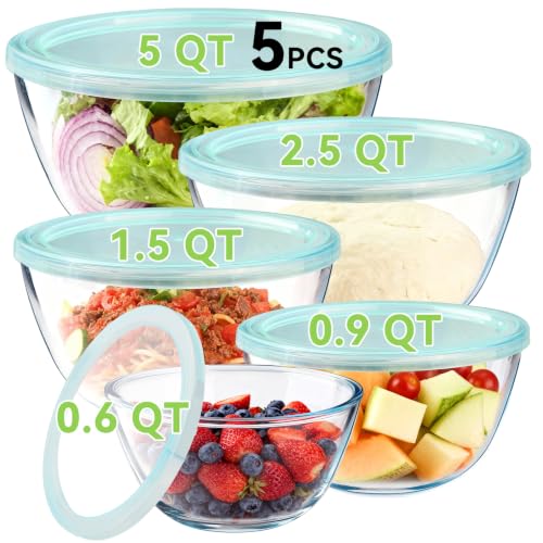 YUANYE 5-Pack Glass Mixing Bowls with Lids Set, Thick Borosilicate, Nested Kitchen Bowls for Cooking & Baking