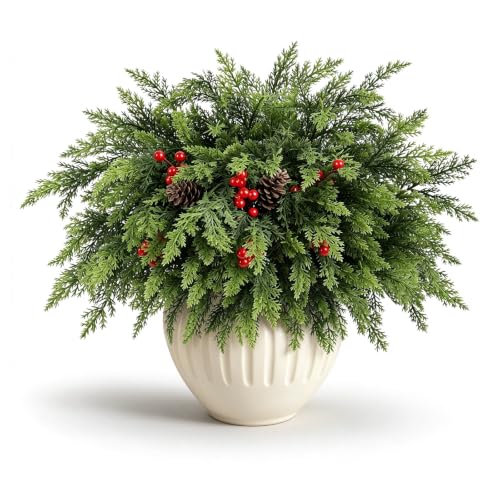 Joyido 24PCS Red & Green Christmas Cedar Branches with Pine Cones & Berries