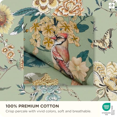 Bedsure PureWoven 100% Cotton Floral Duvet Cover Set - Queen, Green Garden, No Comforter Variation 06