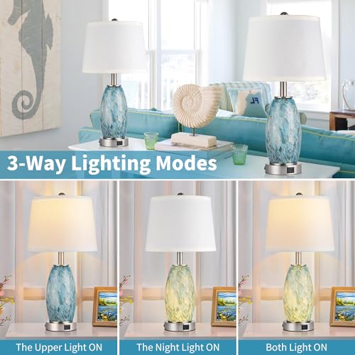 Light Blue Coastal Modern 23.5-Inch Table Lamps Set of 2 with USB Charging Ports