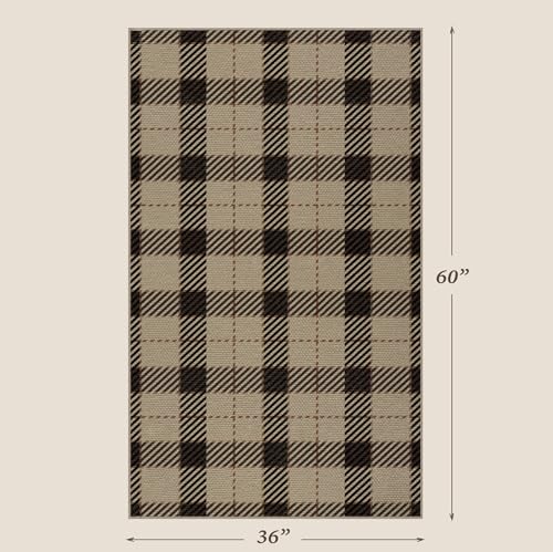 Beige Plaid Outdoor Rug 3x5 for Front Porch, Washable Non Slip Entryway, Farmhouse Style