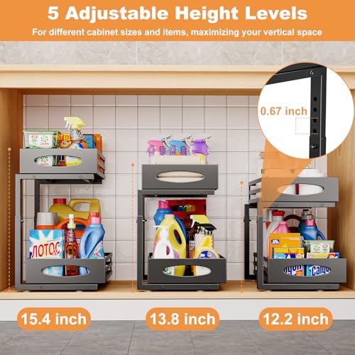 Black 2-Tier Under Sink Organizer with Adjustable Height - Pull-Out Cabinet Storage Shelf