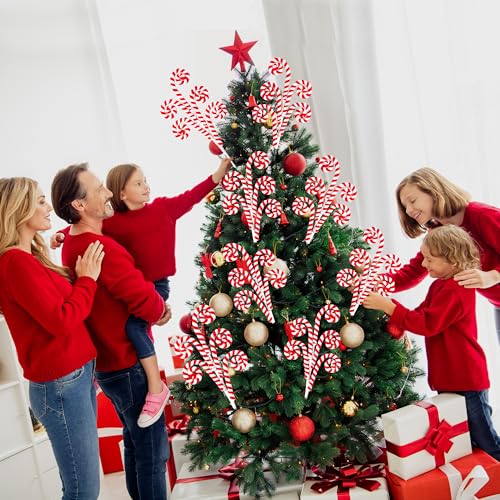Sggvecsy 6Pcs Red Candy Cane Woolen Bell Christmas Tree Picks - 16in Lollipop Curly Ornament