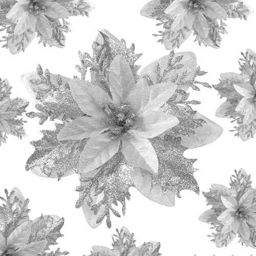 Poinsettias Artificial Christmas Flowers Decorations - 12 Pcs Artificial Silver Poinsettia Flowers for Christmas Tree,Fake Glitter Poinsettia 5.5" with Clips Stems for Home Outdoor Decor(Silver)