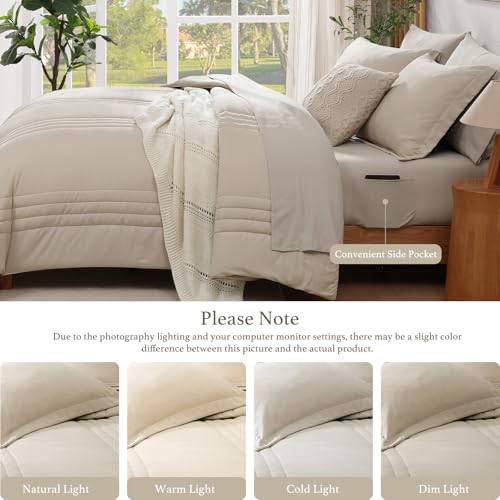 Monbix Oversized King Comforter Set - Apricot Beige Bedding 7 Pieces Bed in a Bag