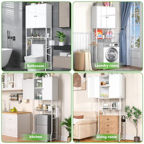 White Over-The-Toilet Bathroom Storage Cabinet with Privacy Doors
