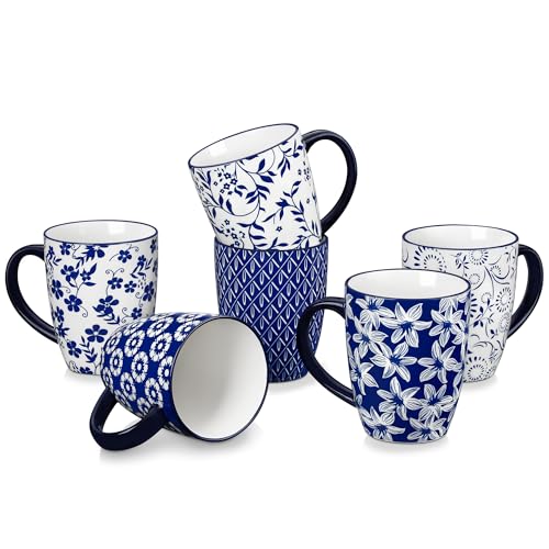 Large 16 Oz Coffee Mug Set of 6 - Vintage Blue Porcelain Tea and Coffee Cups with Handle