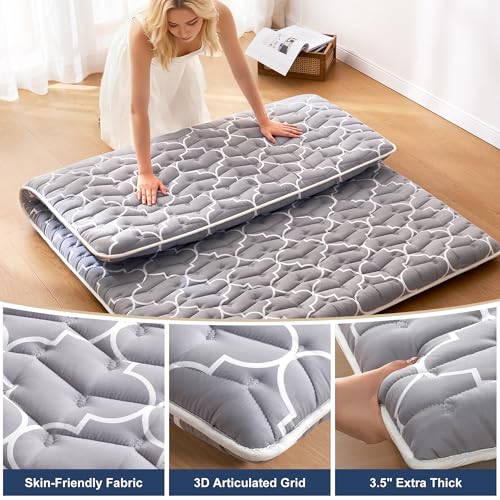 Feisaibaoly 6th Gen Japanese Floor Futon Mattress Grey Full XL 54"x80" - Extra-Thick 9-Layer Supportive Foam Bed