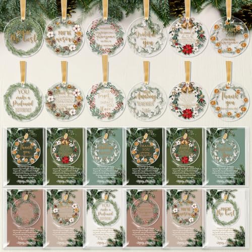 Thyle 24 Pack Vintage Christmas Ornaments with Thank You Cards – 12 Designs, 3 inch (Gold Lanyard)