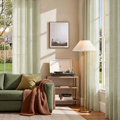 Jinchan Linen Curtains 50W x 84L Sage Green Stripe Grommet Panel Set - Farmhouse Style