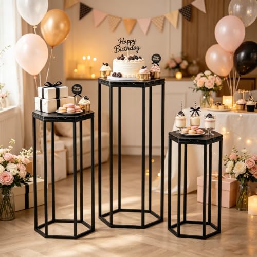 Urban Deco Set of 3 Black Hexagon Metal & Wooden Marble Party Stands