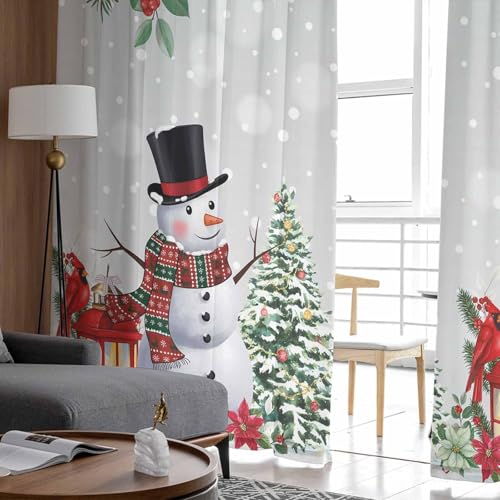 Christmas Snowman Grey 2-Piece Voile Curtains 104 x 96 in - Rod Pocket Semi-Sheer