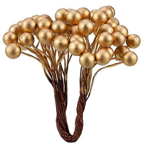 BBTO 200 Pack Artificial Holly Christmas Berries on 100 Wire Stems 8 mm Fake Berries for Christmas Tree Decorations Wreath Craft Wedding Party Favor (Gold)