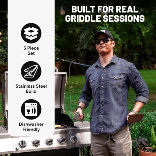 Burger Smash Set - 5 Piece Griddle Kit with Press, Spatula, Dome & Bottles - Combo