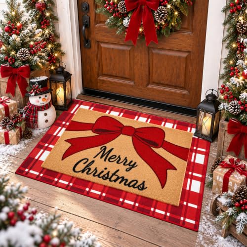 Prewplam 2 Pcs Christmas Welcome Doormat Set with Red Bow & Plaid Rug