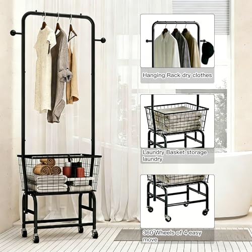 Laundry Basket with Wheels & Hanging Rack - Black, Heavy-Duty Steel, Large Capacity