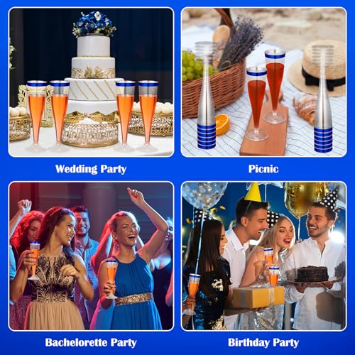 Jingmore 60 Pcs Disposable Plastic Champagne Flutes - Blue Rim