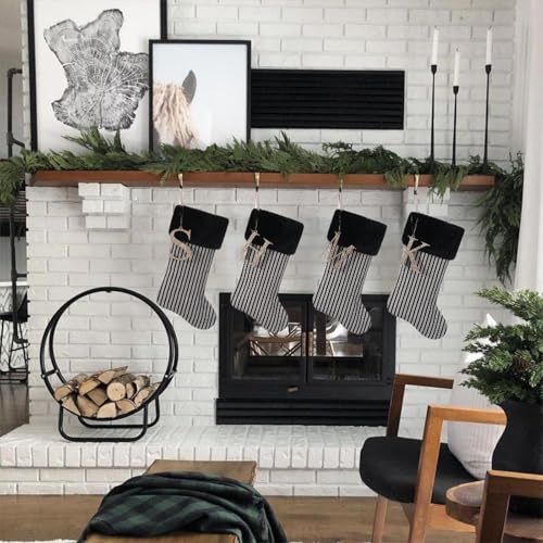 20 Inch Black Vertical Stripe Christmas Stocking with Gold Wooden Initial, Personalized Holiday Decor