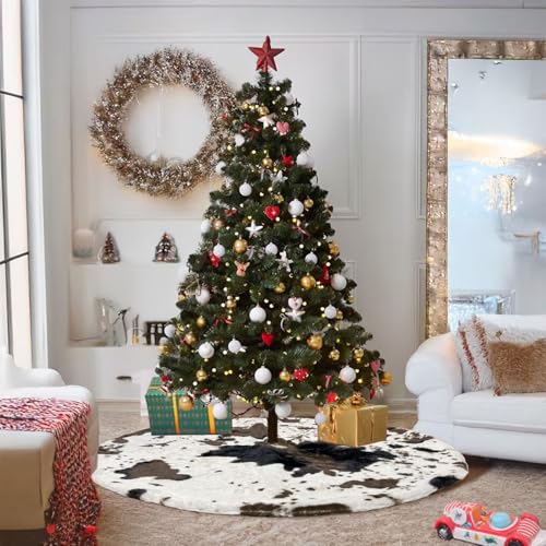 DegGod 24-Inch Cow Print Christmas Tree Skirt - Faux Fur Western Cowhide Ready for Xmas