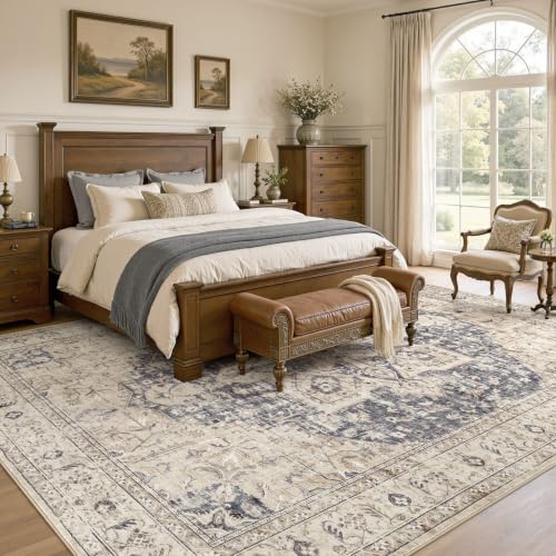 8x10 Washable Area Rug - Vintage Medallion Pattern, Non-Slip, Cream & Blue