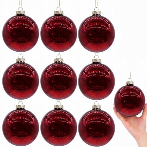CRPQX Burgundy Mercury Glass Christmas Ornaments Set of 9 - Vintage Wine Red Hanging Baubles