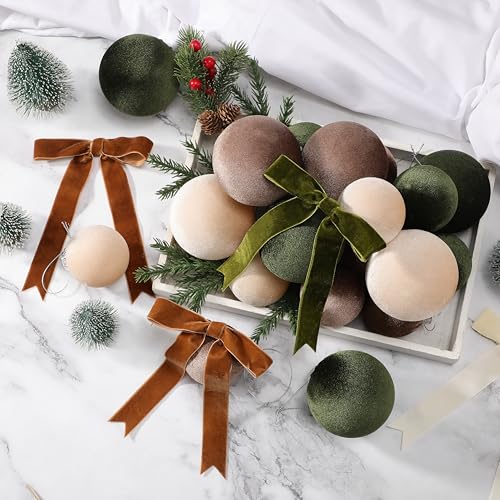 Riceshoot 44 Pcs Velvet Christmas Ornaments Set with 20 Balls & 24 Bows - Multicolor (Green, Brown, Neutral)