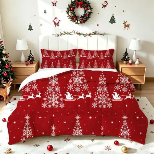 EDGZKO Red Christmas Santa Claus Comforter Set Full - Elk Holiday Bedding