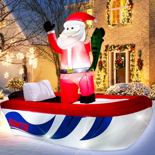 10FT Long Christmas Inflatable Blow up Santa Fishing on a Boat