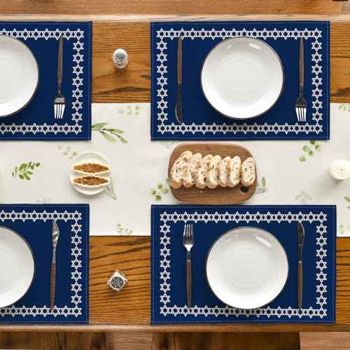 Artoid Mode Passover Hexagram Placemats Set of 4, 12x18 Inch Seasonal Star of David Jewish Chanukah Table Mats for Party Kitchen Dining Decoration