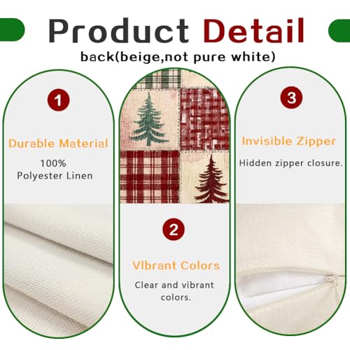 RABUSOFA Christmas Pillow Cover 18x18 Red Plaid, Invisible Zipper, 100% Polyester Linen