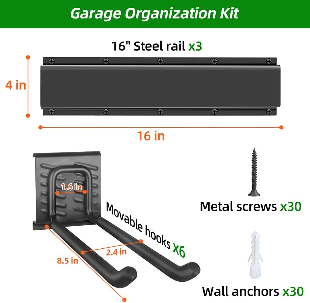 PIYILO Garage Wall Organizer - Heavy Duty Tool Rack with 48-Inch Rails & 6 Hooks | Max Load 360 LBS