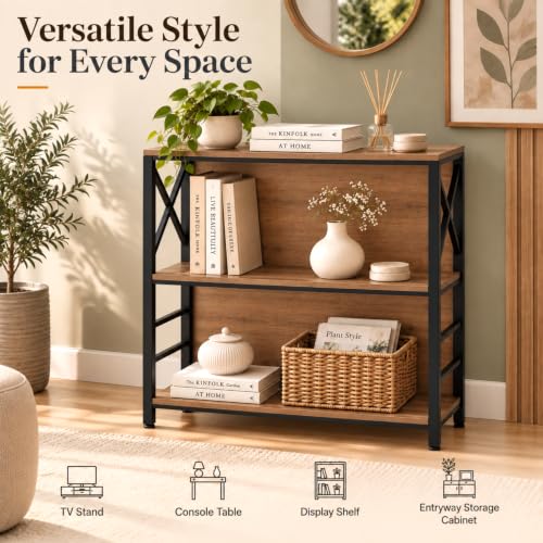 Small 3-Tier Industrial Bookcase - Brown, 29.5 Inch Wide, Metal Frame & Backboard
