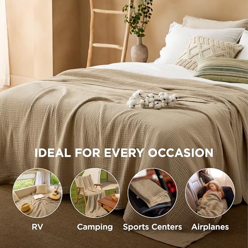 Bedsure King Size Cotton Muslin Blanket 4-Layer Light Brown 108x90 inches