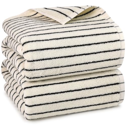Jacquotha Black & Ivory Striped Bath Towels Set of 2, 27x55in, Quick Dry & Soft