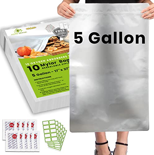 17 x 27 Inch 5 Gallon Mylar Food Storage Bags with Oxygen Absorbers - Thick Resealable Pack