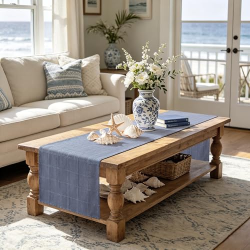 Yuboo Dusty Blue Checked Table Runner 13x72 Inch Fall Linen Blend Decor