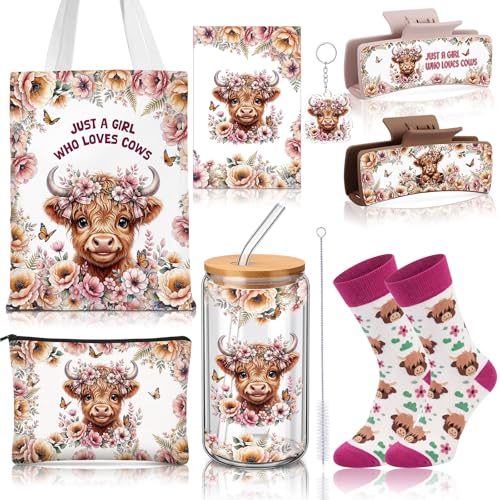 Skylety Flower Cow Gifts Set – Highland West Cow Theme, Spring Edition, 8 Pcs