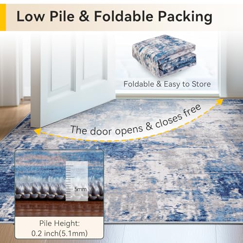 RELEANY Blue/Gray 5'x8' Modern Abstract Washable Area Rug for Living Room