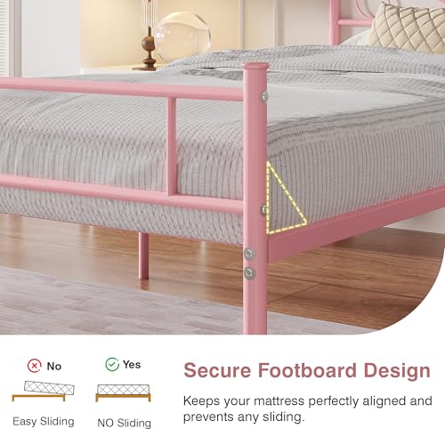 Pink Twin Size Metal Platform Bed Frame with Headboard & Footboard, Heavy Duty Support